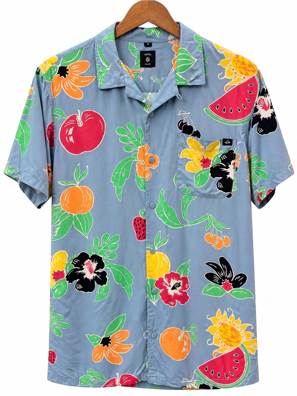 Vans Tropical Fruit Floral Camp Shirt Large Blue Hawaiian Button Up